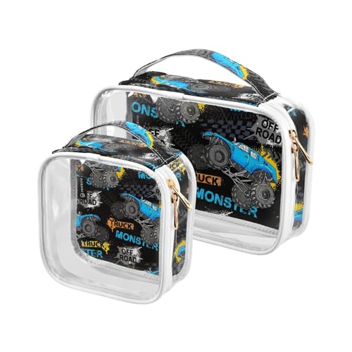 SPRIPORT Monster Truck Tires Clear Makeup Cosmetics Bags for Men Women 2 Pieces Toiletry Organizer Case with Zipper Handle Portable Clear Toiletry Carry Pouch for Medicines Underwear Cosmetics