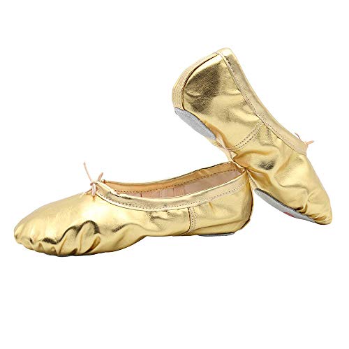 missfiona Womens PU Leather Ballet Slippers Dance Shoes Split Sole Belly Flat Adult Dance Trainers(10, Gold)