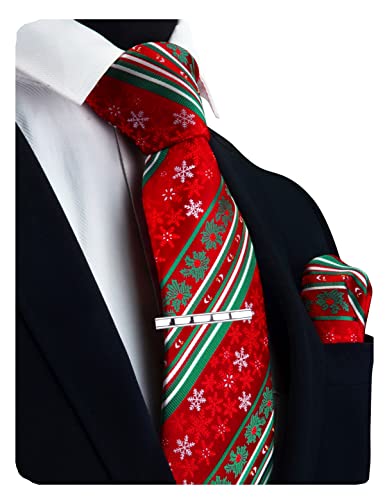 GUSLESON Mens Striped Christmas Tie Red Ties for Men Snowflake Necktie and Pocket Square Set (0959-18)