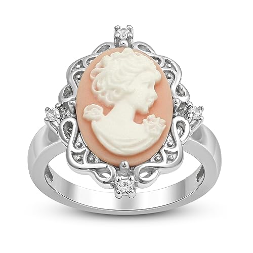 Jewelili Pink Cameo Ring in Sterling Silver with Round Created White Sapphire, Size 8
