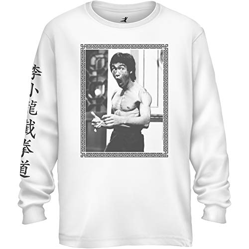 Bruce Lee Mens Mirror Shirt - The Way of The Intercepting Fist Graphic Long Sleeve T-Shirt (White, Medium)