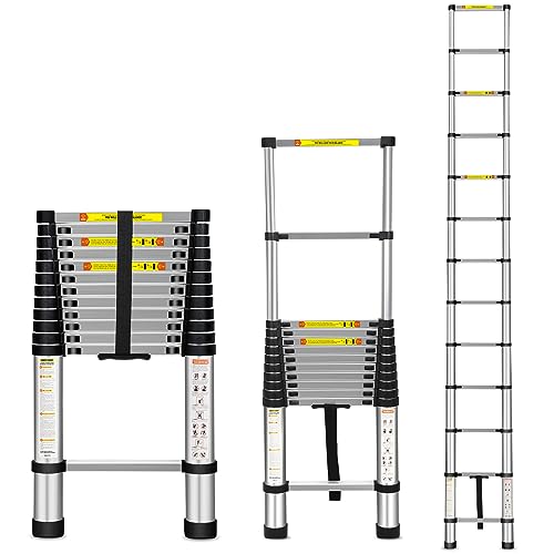 Telescoping Ladder, Miscoos 12.5FT Aluminum Telescopic Extension Ladder with Non-Slip Feet, Multi-Purpose Collapsible Ladder for RV or Outdoor Work,330lbs Capacity
