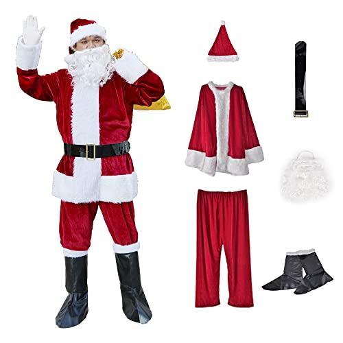 Nsddm 6PCS Christmas Santa Claus Costumes Santa Suit With Beards Hat Boots Santa Outfit Set for Men Adults for Party Xmas Holiday, Red Wine 6pcs