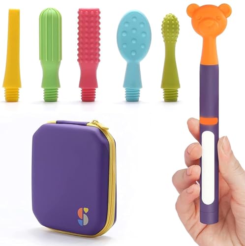 Special Supplies Buzz Buddy Oral Stimulation kit with 6 Soft Textured Interchangeable Heads, Calm Sensory Needs, Support Speech, and Stimulate Self Feeding, Gentle Vibrations (Purple Handle)