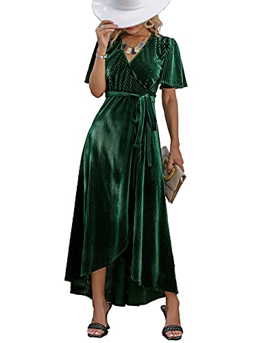 BerryGo Women's Semi Formal Velvet Wrap Dress Prom Cocktail Short Sleeve Swing Long Maxi Dress Emerald Green M