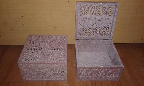 Natural Soapstone Jewelry Storage Box 2 Pcs Hand Carved Under Cut Jali Work Box 5' X 5' Inch ~ Handmade Marble Jewelry Box with multiple use for keeping watch and other small items , valentine gift