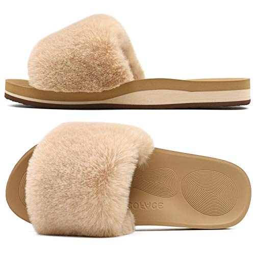COFACE Womens Slides Fuzzy House Slippers for Women Open Toe Fluff Slippers With Arch Support Plantar Fasciitis Orthotic Slippers Women House Shoes Indoor Size 8