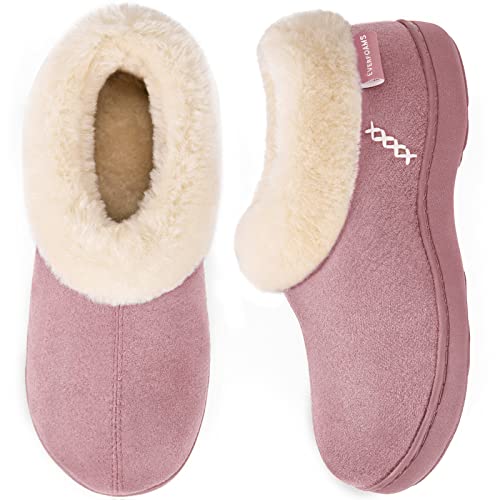 EverFoams Women's Micro Suede Cozy Memory Foam Winter Slippers with Fuzzy Faux Fur Collar and Indoor Outdoor Rubber Sole (Pink, Size 9-10 M US)