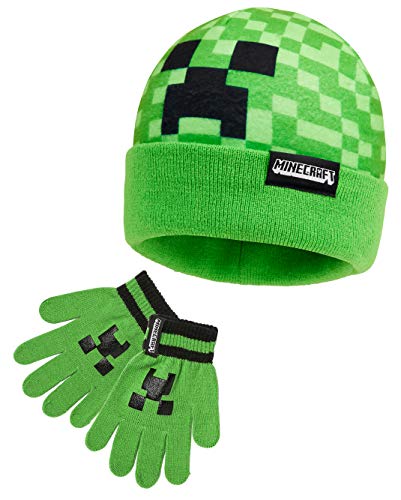 Minecraft Beanie Hat or Beanie and Kids Gloves Set - Creeper Kids Winter Set Warm Winter Hat - Gaming Gifts for Boys (Green - 2 Piece Set)