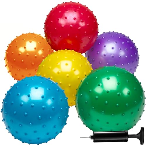 Knobby Balls - (Pack of 6) Bulk 7 Inch Sensory Balls and Spiky Massage Stress Balls, with Pump, Fun Bouncy Ball Party Favors, Stocking Stuffers for Kids, Toddlers by Bedwina