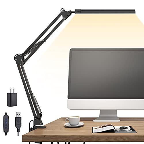 TROPICALTREE LED Desk Lamp, Swing Arm Desk Light with Clamp, 3 Lighting 10 Brightness Eye-caring Modes, reading desk lamps for home office 360°Spin with USB Adapter & Memory Function black-14W