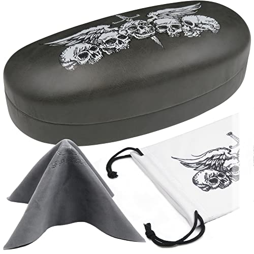 MyEyeglassCase Hard Sunglasses Case in Skulls & Sword Artwork Print - Hard Glasses Case Medium to Large Frames, Eyeglass case Hard shell with Drawstring Pouch and Cleaning cloth (AS113 SKULLS)