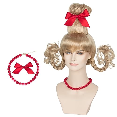 Yan Dream Christmas Costume Wig Blonde Long Braided Wig with Red Bow and Bead Necklace Woman Halloween Cosplay Set