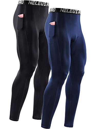 NELEUS Men's 2 Pack Dry Fit Compression Pants Running Tights with Pocket,6069,Black/Navy Blue,US M,EU L