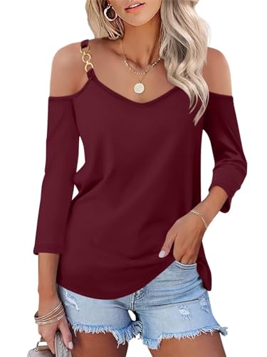 ORANDESIGNE Women's 3/4 Sleeves V Neck Shirts Summer Cold Shoulder Tops Casual Ladies Basic Blouses Wine Red