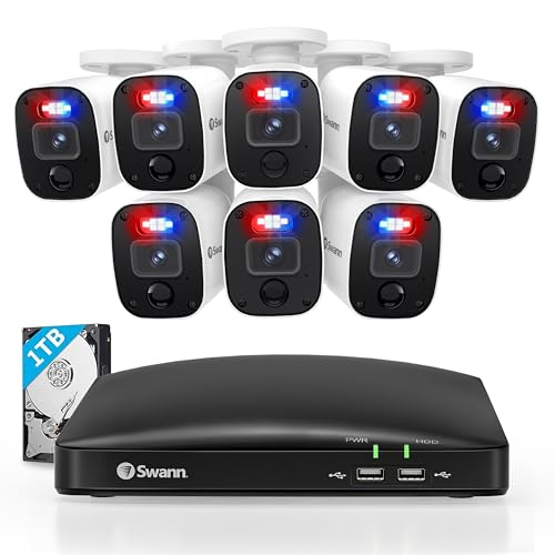 Swann Security Camera, 1080p DVR Bullet Surveillance Cameras with 1TB HDD, 8 Channel 8 Cam, Indoor Outdoor Wired Surveillance Camera, Color Night Vision, Heat Motion Detection, LEDs