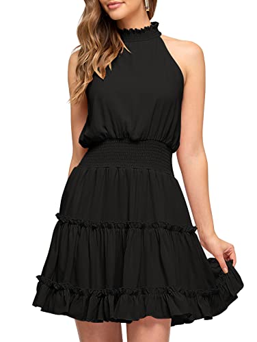 MEROKEETY Women's Summer Sleeveless Halter Neck Mini Dress Ruffled Elastic Waist Swing Short Dress, Black, Large