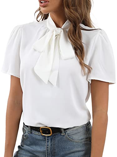 Rooscier Women's Bow Tie Knot Mock Neck Short Sleeve Elegant Workwear Blouse Shirt Top White Medium