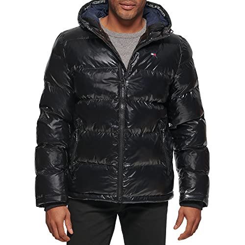 Tommy Hilfiger Men's Hooded Puffer Jacket, Pearlized Black, Large