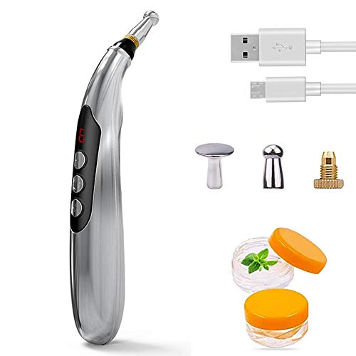 Winnes Acupuncture Pen Electronic Accupressure Pen, USB Rechargeable Pain Relief Electric Meridians Energy Pen Massager Pen Pain Relief Massage Tool with 3 Massage Heads & 2 Massage Gel