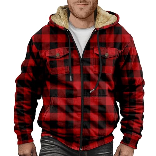 WENKOMG1 Mens Sherpa Lined Hoodies Full Zip Up Winter Fall Fleece Sweatshirt Long Sleeve Graphic Outerwear Jacket Coat,Mens Hoodies Essential Black Hoodies Comfy Y2K Hoodies(B-Red,3X-Large)