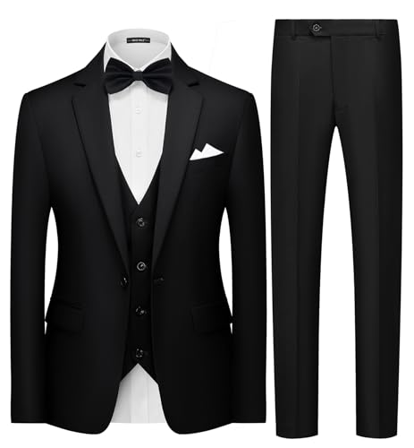 MAGE MALE Mens 3 Piece Suits Slim Fit Tuxedo Suit Set Soild Prom Wedding Suits One Button Blazer Vest Pants Set with Bow Tie Black