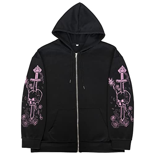 Soosuihoo Women y2k Skull Print Streetwear Hoddies Skeleton Harajuku Vintage Goth Emo Egirl Anime Clothes Long Sleeves Zip-up Jaket (2XL, Black)