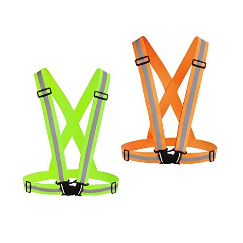 Chiwo Reflective Vest Running Gear 2Pack, High Visibility Adjustable Safety VES for Night Cycling,Hiking, Jogging,Dog Walking (Green Orange)