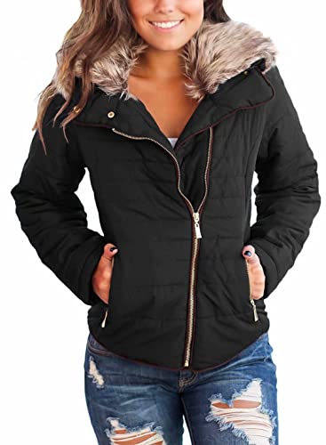 Dokotoo Womens Casual Ladies Winter Faux Fur Collar Zip Up Open Front Quilted Puffer Jackets Coat Outerwear with Pockets Black Small