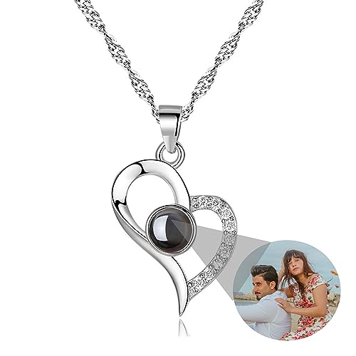 Custom Photo Necklace with Picture Inside, Personalized Heart Photo Necklace, I Love You Necklace 100 Languages Photo Pendant, Picture Projection Necklace for Girlfriend Wife Birthday Anniversary