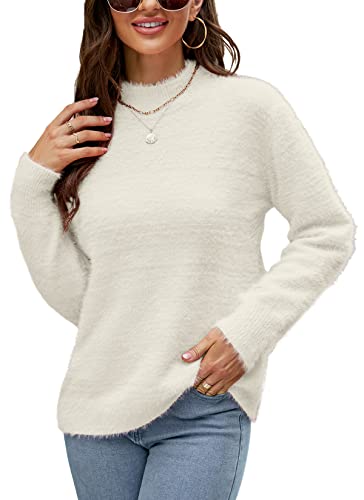 HOCOSIT Women's Fuzzy Long Sleeve Crewneck Cute Knitted Sweater Casual Pullover Christmas Jumper Faux Mink Tops White Small