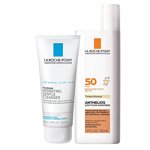 La Roche-Posay Anthelios Tinted Sunscreen SPF 50 & Travel Size Toleriane Hydrating Gentle Cleanser | Tinted Mineral Sunscreen with Titanium Dioxide & Gentle Face Wash with Niacinamide | Skin Care Set
