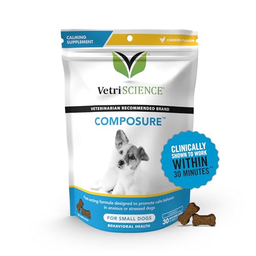 VETRISCIENCE Composure Calming Treats for Small Dogs Dealing with Anxiety, Separation Stress, Noise, Thunder and Barking - Yummy Flavored Chews Pets Love, 30 Chews