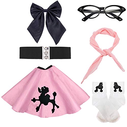 qnprt 50s Girls Costume Accessory Set - Poodle Skirt,Elastic Cinch Belt,Ponytail Holders,Chiffon Scarf,Cat Eye Glasses,Bobby Socks,Pink
