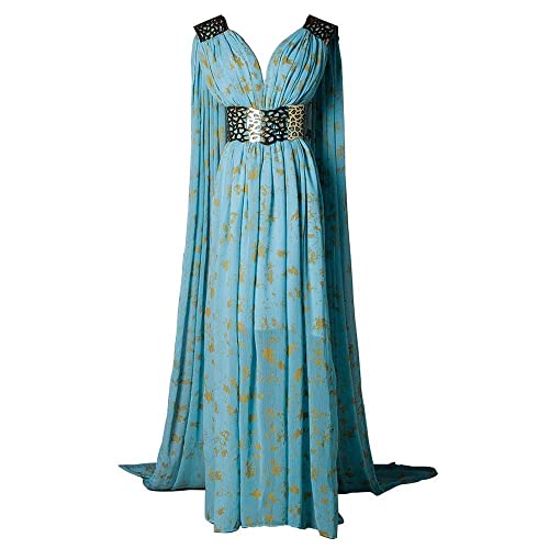 Xfang Women's Chiffon dress Halloween Cosplay Costume Blue Long Train Dress (S)