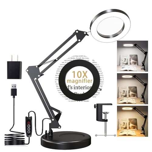 Magnifying Glass with Light and Stand, 10X Magnifying Lamp, 2-in-1 LED Lighted Desk Magnifier with Light, Craft Light Lamp with 3 Color Modes for Close Work Reading Repair Crafts