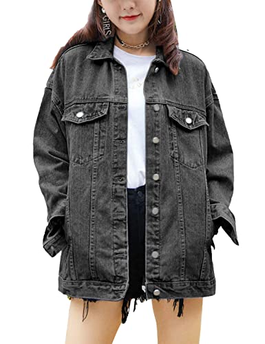 Omoone Women's Oversized Mid Long Denim Jacket Jean Biker Coat(0199-Grey-M)