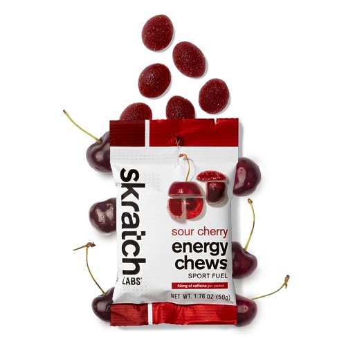 Skratch Labs Sport Energy Chews, Sour Cherry with Caffeine (10 Pack) - Developed for Athletes and Sports Performance, Gluten Free, Dairy Free, Vegan