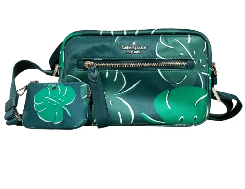 Kate Spade Chelsea Camera Bag w Coin Pouch Nylon Green Multi Monstera Leaves