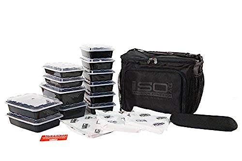 Isolator Fitness 6 Meal ISOCUBE Meal Prep Management Insulated Lunch Bag Cooler with 12 Stackable Meal Prep Containers, 3 ISOBRICKS, and Shoulder Strap - MADE IN USA (Blackout)