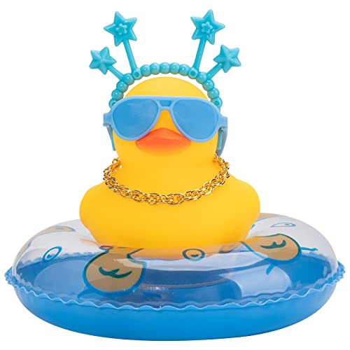 wonuu Car Duck Rubber Duck Car Ornaments Duck Car Dashboard Decorations with Cute Headband Swim Ring Necklace Sunglasses, B-Blue Star Headband
