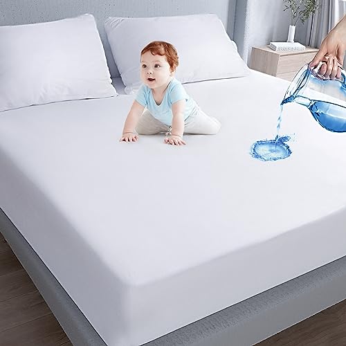 Waterproof Mattress Protector,Mattress Cover Protector, Smooth Top Mattress Protector for Kids, Breathable Skin Friendly and Noiseless Fitted Sheet,Queen Size,Polyester