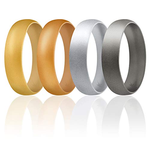 ROQ Silicone Rubber Wedding Ring for Men & Women, Comfort Fit, Men & Women's Wedding Band, Breathable Unisex Rubber Engagement Band, 6mm Wide 2mm Thick, Dome Solid Thin, 4 Pack, Light Gold, Gold, Silver, Platinum, Size 11