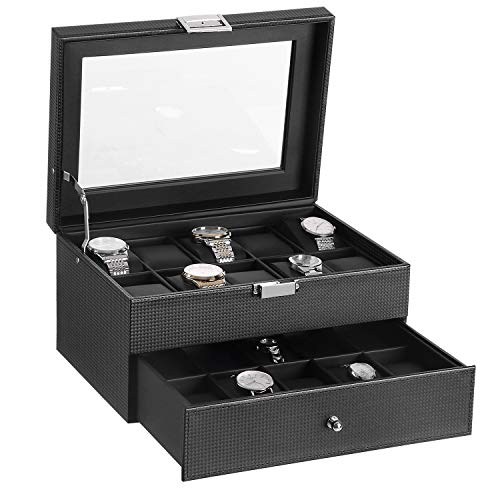 BEWISHOME Watch Box Organizer 20 Slots Watch Case Men Display Storage Case Metal Hinge Carbon Fiber Design Glass Top Large Holder Black SSH04C