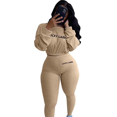 Women 2 Piece Outfits Sweatsuit Set Ribbed Long Sleeve Crop Top Bodycon Pants Tracksuit Jogger Set Khaki M