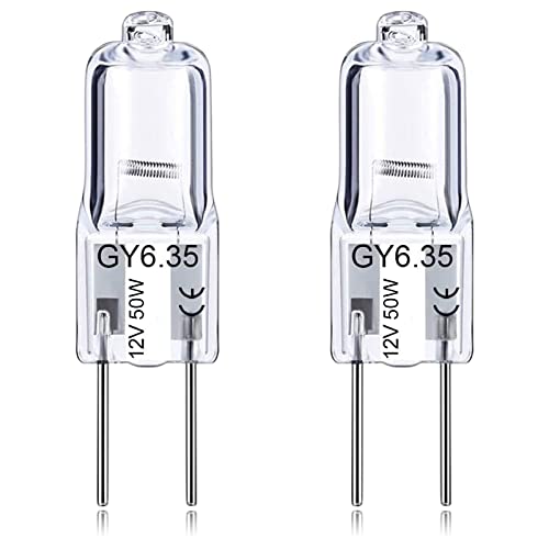 GY6.35 Light Bulbs, 12V 50W Crystal Clear Halogen Bulb 2 Pin, T4 JC Bi-Pin Base G6.35 Capsule Bulb, Dimmable 2700K Warm White 2 Prong Light Bulb for Pendant Light, Microwave Oven, Table Lamp, 2Pack