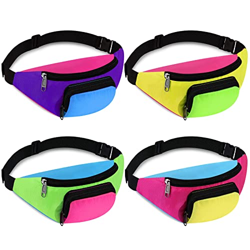 4 Pieces Retro 80s Fanny Pack Retro Belt Bag 2 Pockets Neon Fanny Pack Small Waist Packs for Jogging Traveling Party Costumes