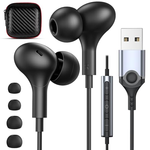 USB Headphones with Microphone for Laptop, 7.5ft Magnetic Wired Earbuds Noise Canceling in-Ear Earphones with Mute Volume Control Stereo Bass for PC Desktop Dell HP Acer Laptop Meetings/Music,Black