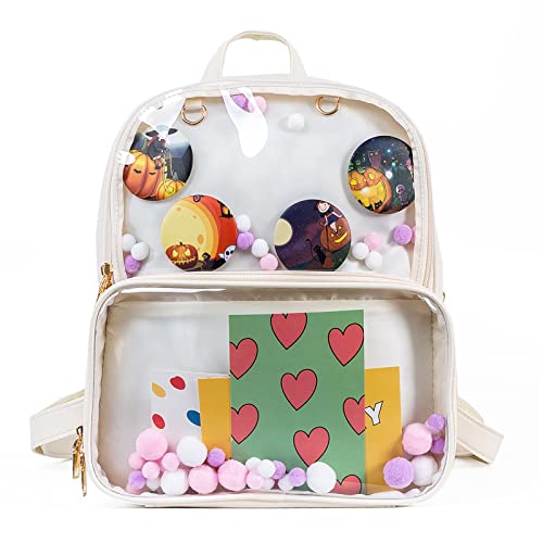 UULMBUJ Ita Backpack Purse, Cute Clear Shoulder Bag Transparent Kawaii Daypack Travel Bag for Pins Display, OffWhite