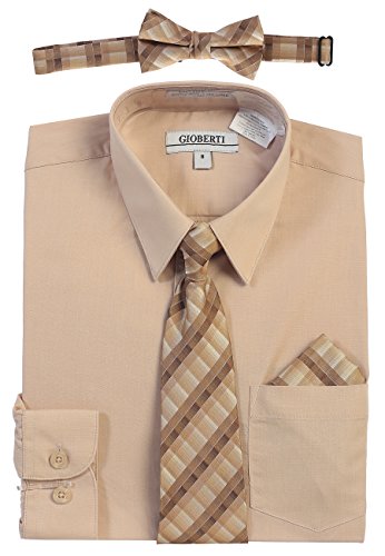 Gioberti Boy's Long Sleeve Dress Shirt and Plaid Tie Set, Khaki, Size 6